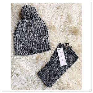Rebecca Minkoff Knit Marled Beanie Handwarmers Set Black White One Size